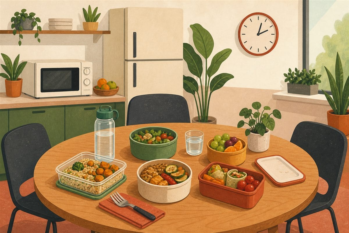 Comedor laboral con agua, nevera, microondas y varios recipientes de comida casera