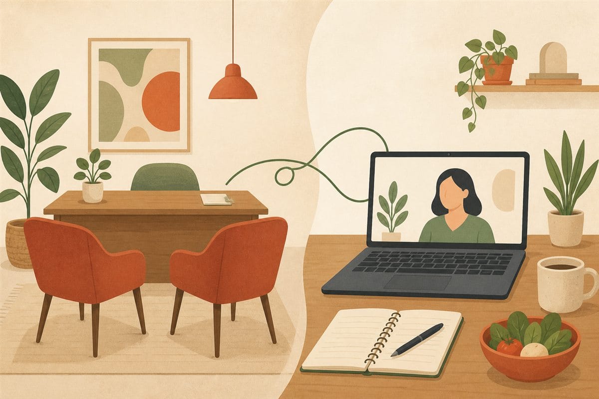 Consulta nutricional presencial con dos sillones y consulta online mediante videollamada